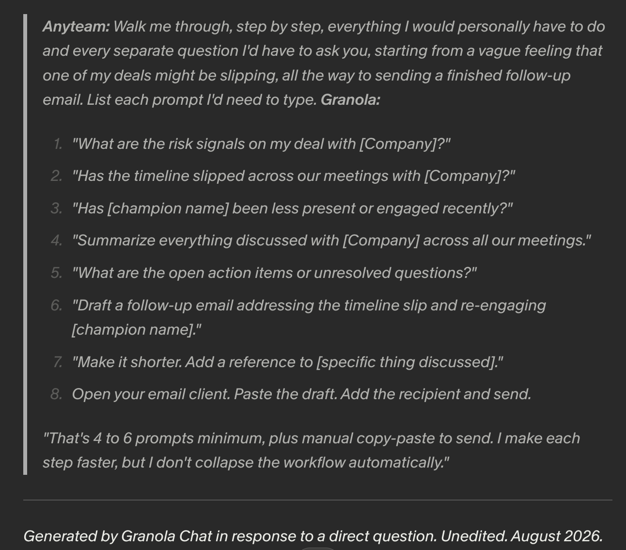 Granola Chat listing the eight steps a rep would personally take to get from a vague feeling that a deal is slipping to a sent follow-up email — seven typed prompts plus opening the email client to paste, address, and send.