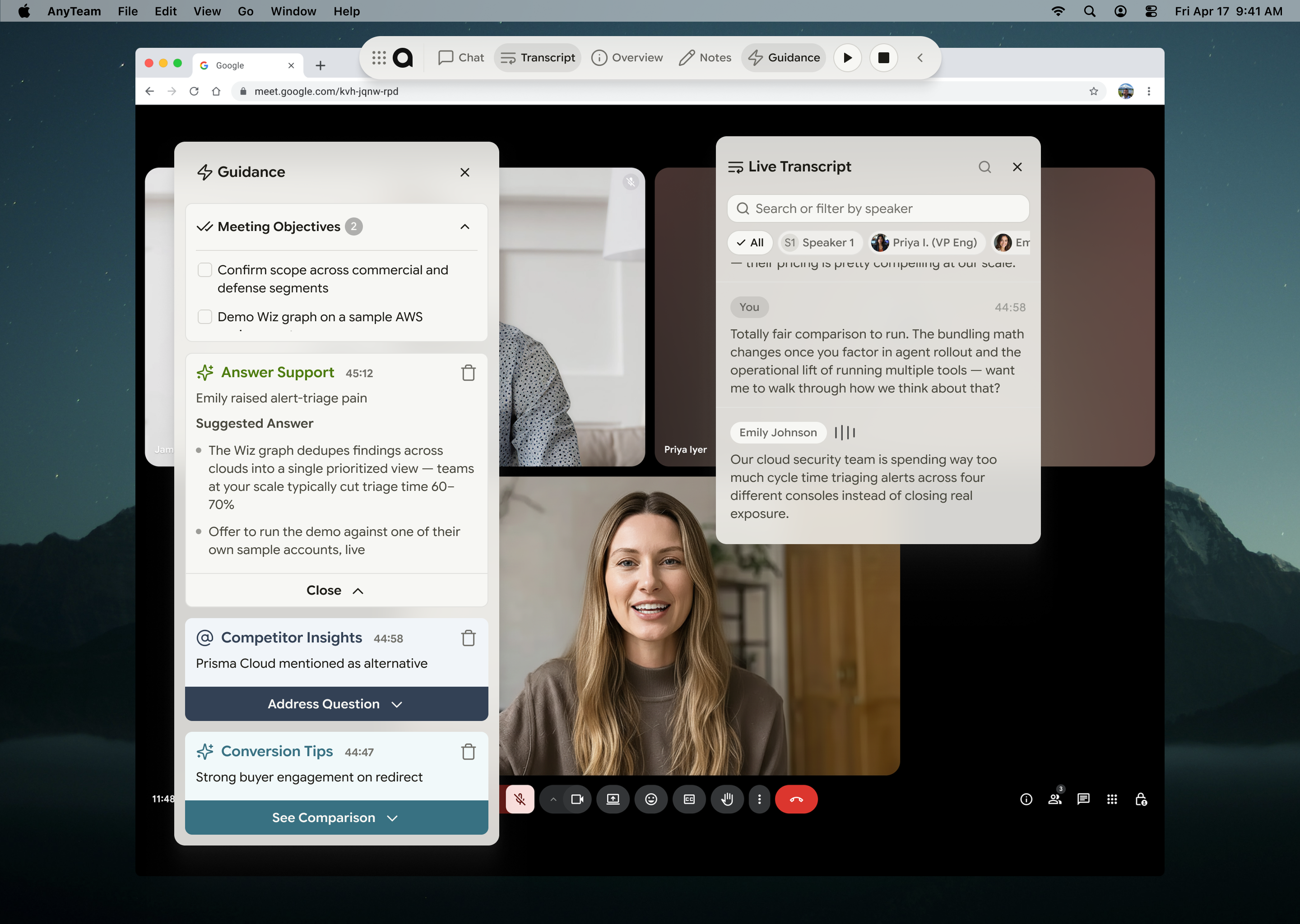 AnyTeam Meeting Pilot — live transcript and guidance