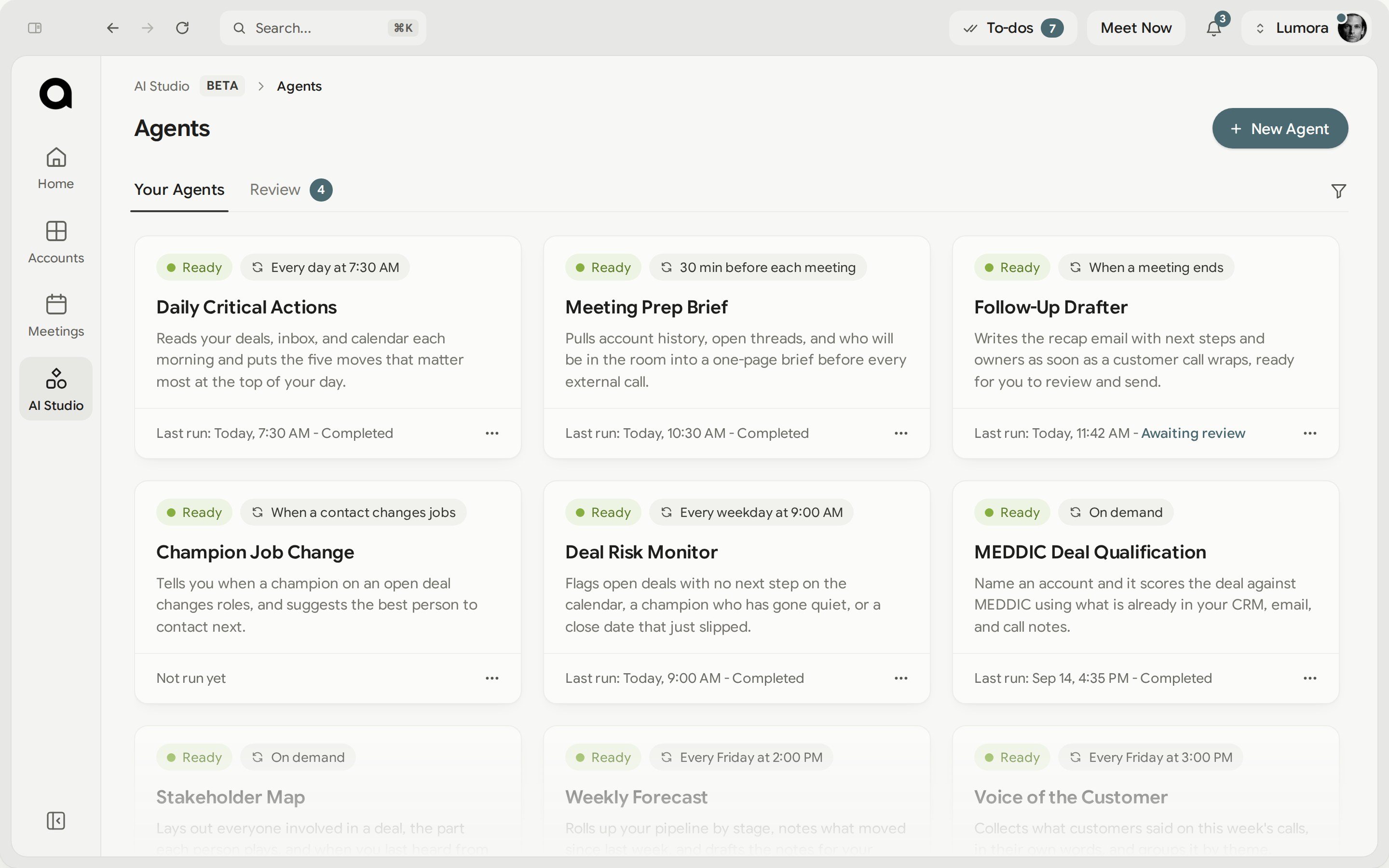AnyTeam AI Studio: a rep’s agents, each with what triggers it and when it last ran
