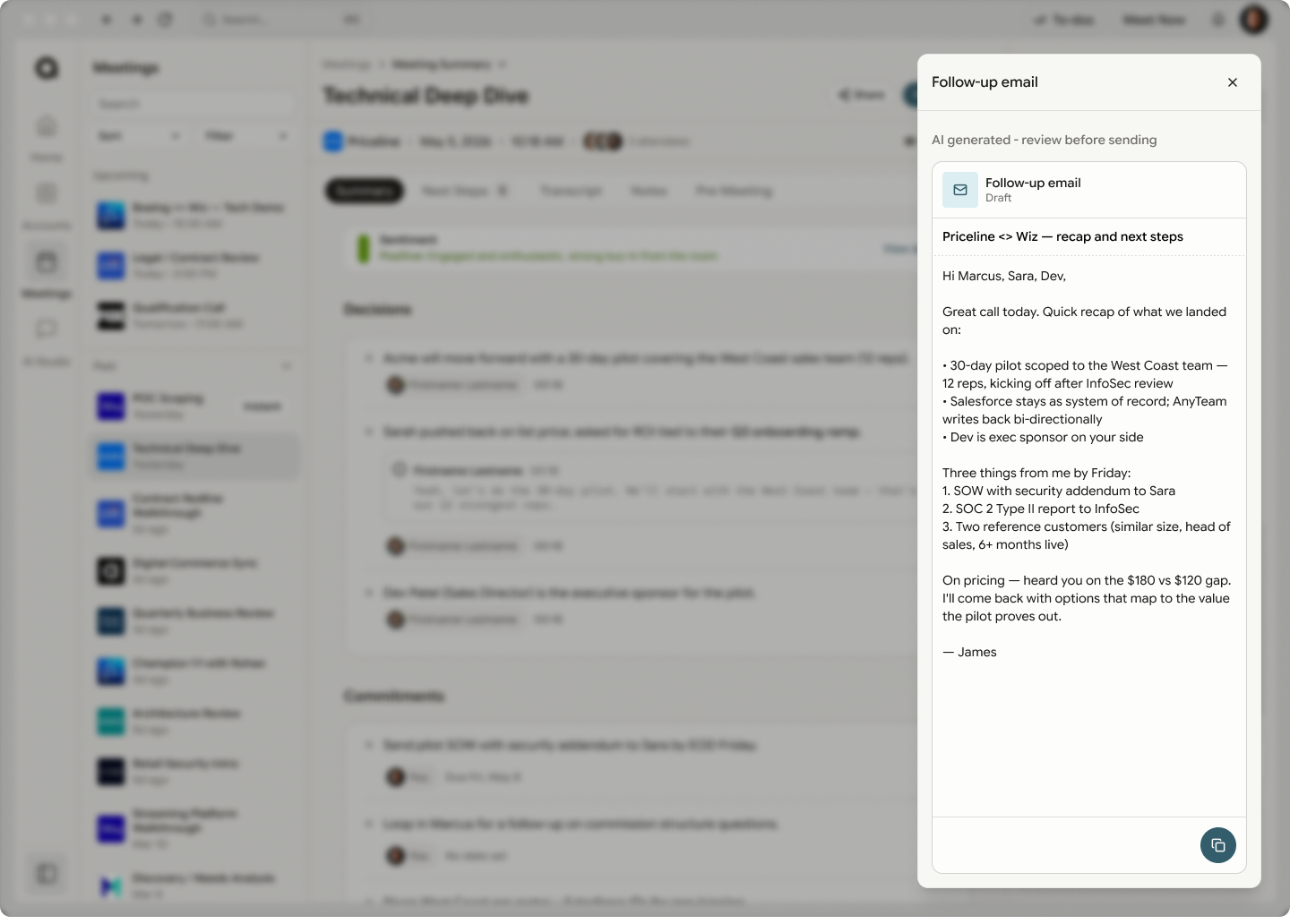 AI-drafted follow-up email, ready to review before sending