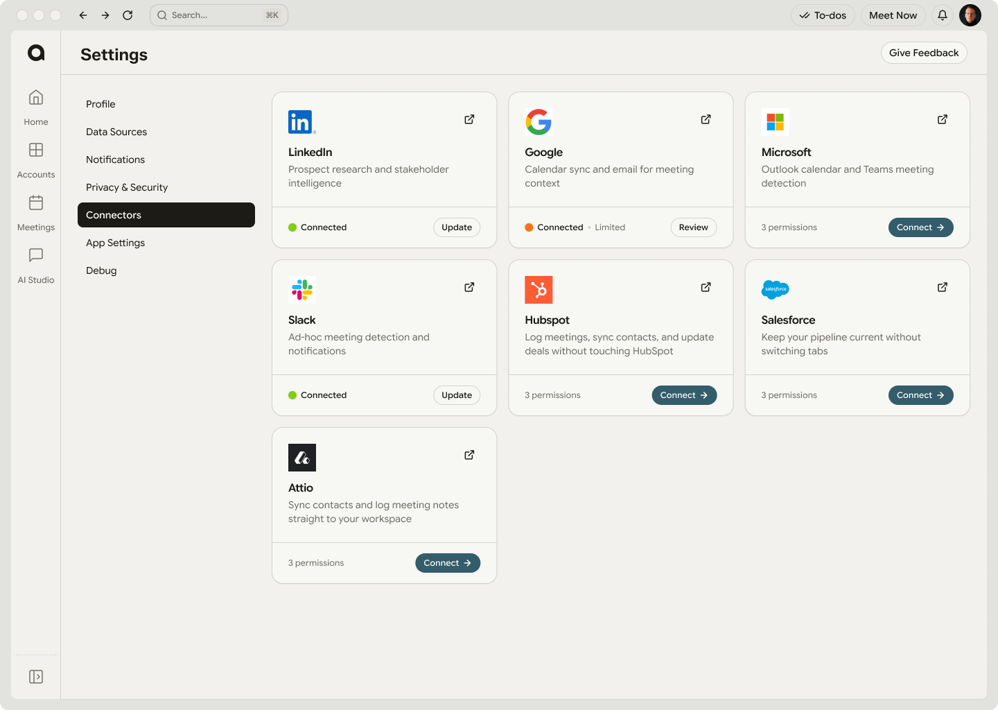 Connectors settings — the tools AnyTeam is connected to