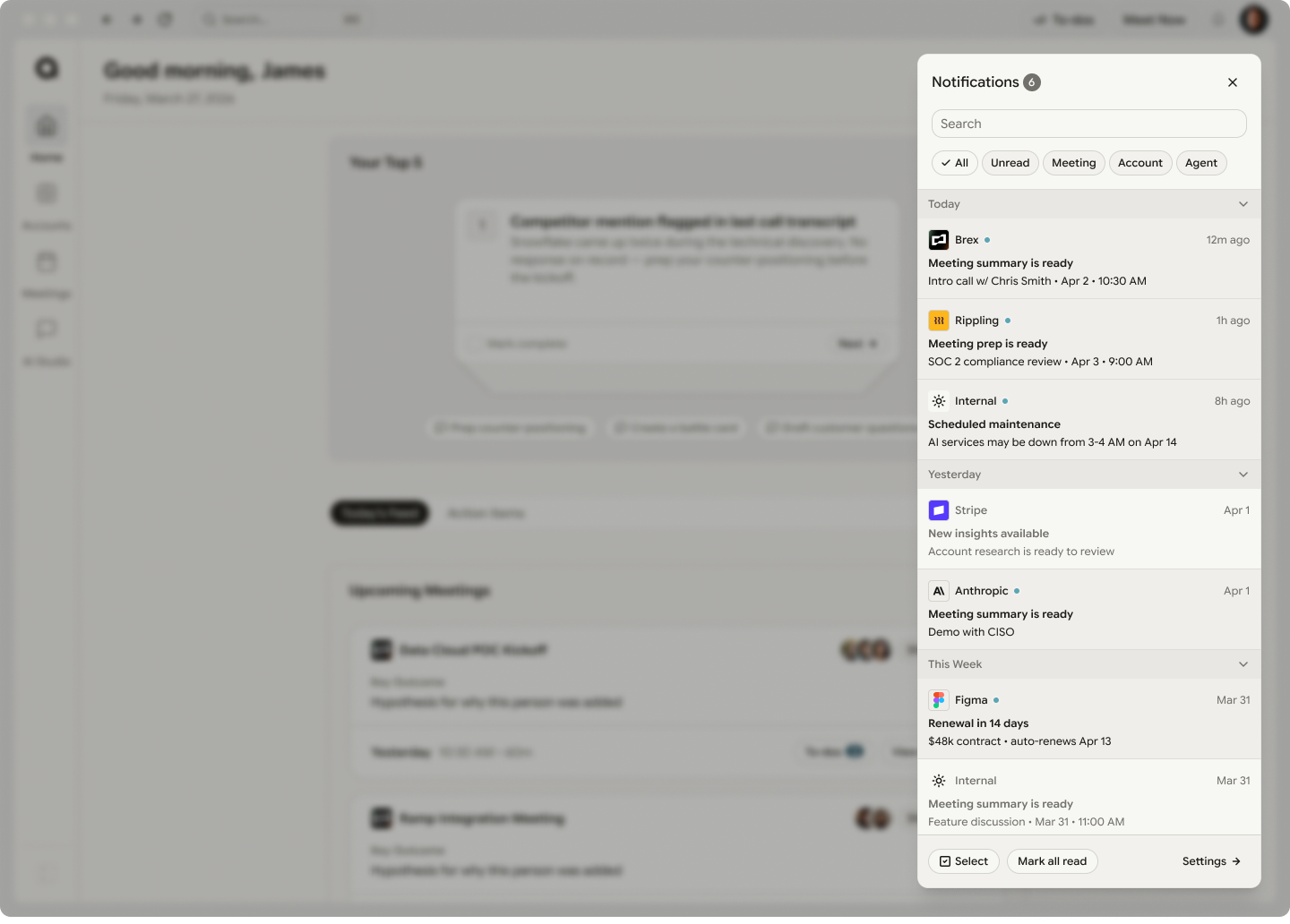 Notifications panel — what changed, grouped by time