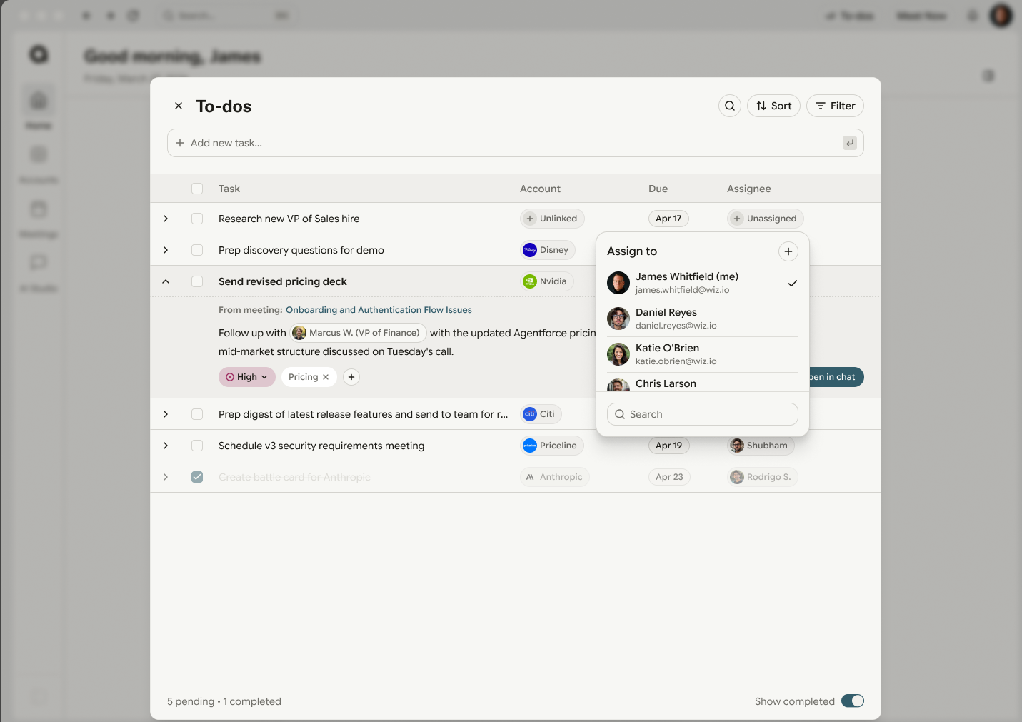 The To-dos tracker — tasks across every account, with due dates and assignees